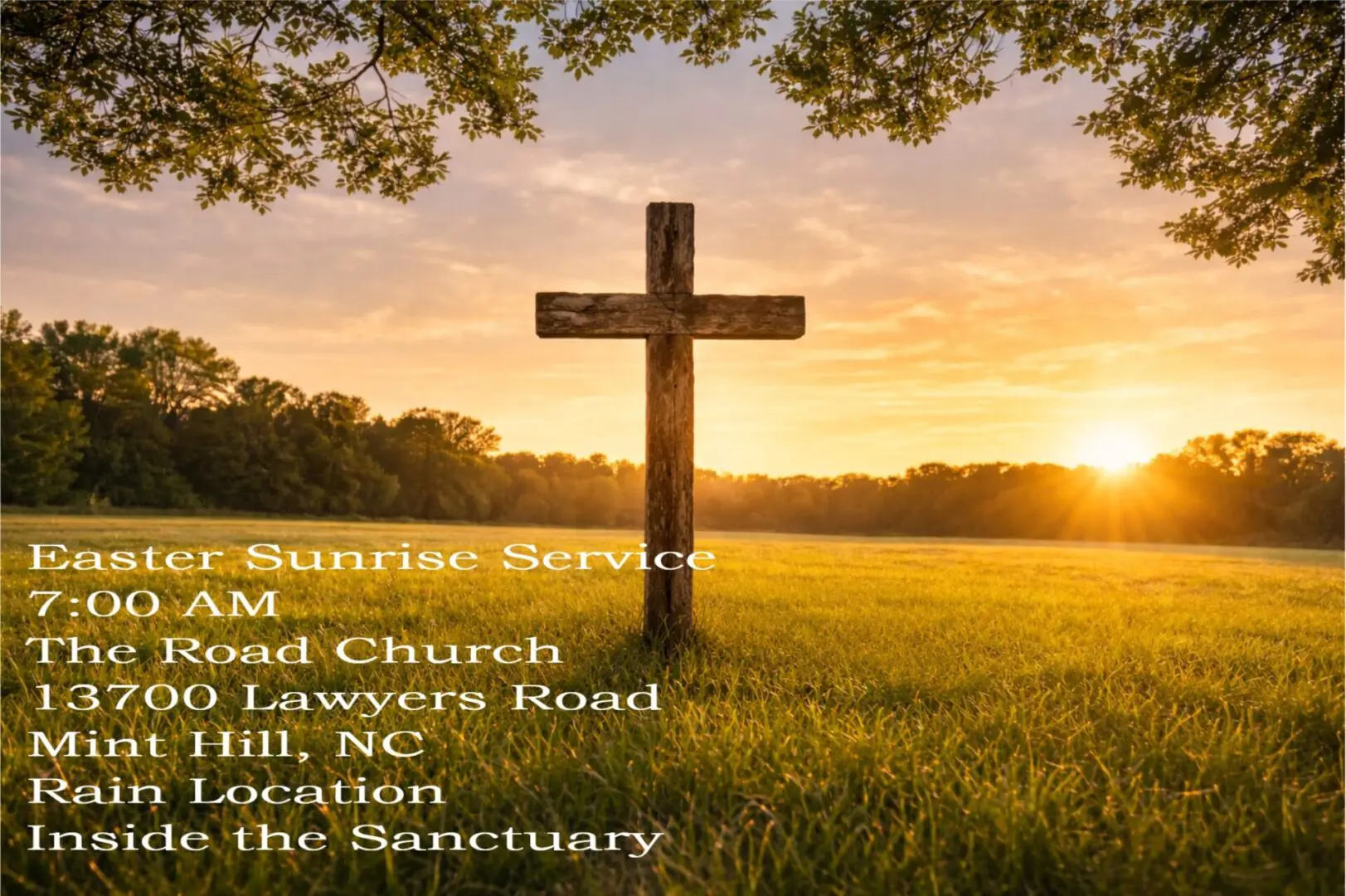 Sunrise service announcement with wooden cross.